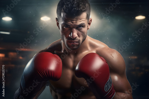 Portrait of boxer in red boxing gloves on dark gym background - Ai Generated © Muhammad