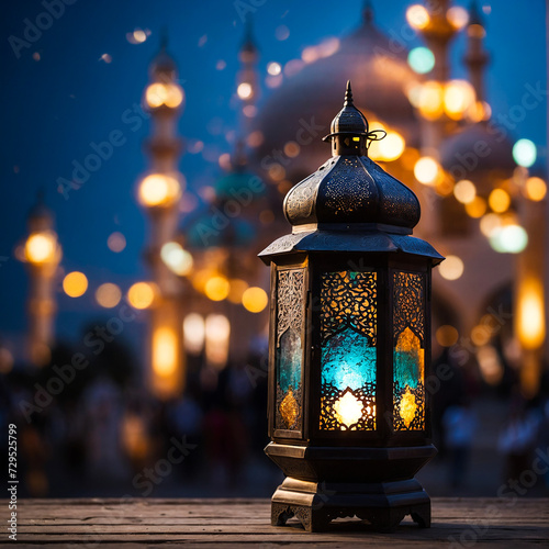 Islamic lantern on table city skyline on the background for Adha and Fitr Eid. Ai generated