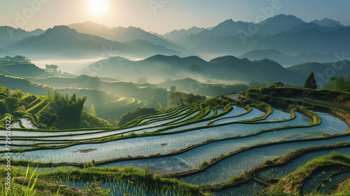 rice fields in the mountains at dawn