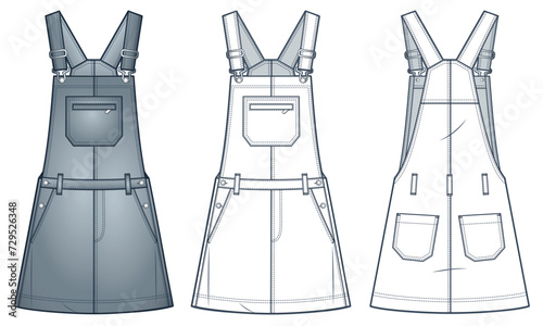  Dungaree Dress technical fashion Illustration. Mini Dress fashion flat technical drawing template, A-line, button, pocket, relaxed fit, front, back view, white, grey, women's Overalls CAD mockup set.