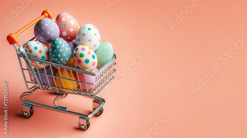 Colorful Easter Eggs in the shopping cart: Easter Sale Shopping background