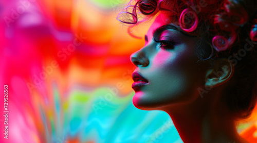 A fashion-forward portrait of a model with avant-garde hair styling against a bold colorful background.