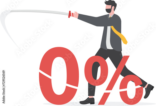 Businessman cut the number 0 percent with his sword. FED cut interest rate to be negative interest rates for economic stimulus

