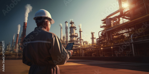 Portrait of refinery worker using tablet and checking oil and gas product quality.