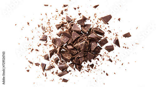 Chopped dark chocolate isolated on white, top view