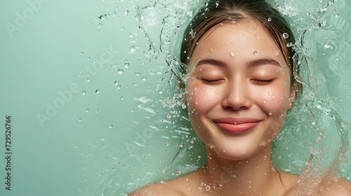 An young Asian woman with splashing water in face against a blue studio backdrop with a big empty space  Generative AI.