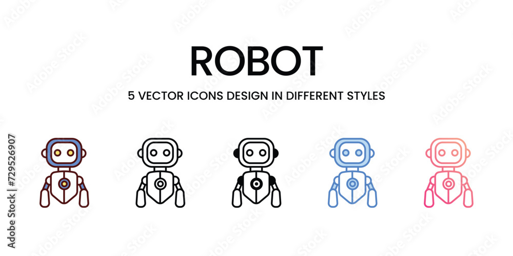Robot Icon Design in Five style with Editable Stroke. Line, Solid, Flat Line, Duo Tone Color, and Color Gradient Line. Suitable for Web Page, Mobile App, UI, UX and GUI design. Robot Icon Design in Five style with Editable Stroke. Line, Solid, Flat Line, Duo Tone Color, and Color Gradient Line. Suitable for Web Page, Mobile App, UI, UX and GUI design.