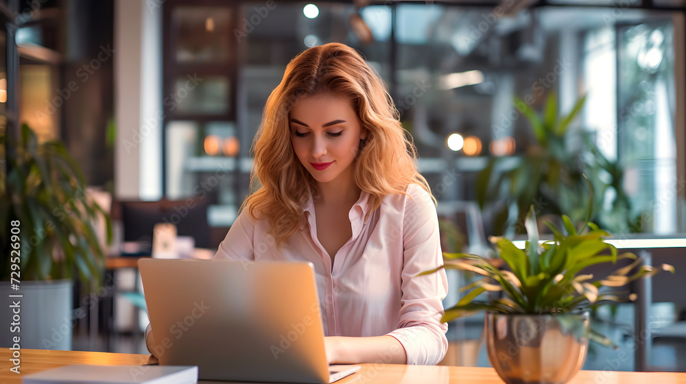 Photo of a businesswoman sitting at a table with a laptop computer. Ai generated. Photo of a businesswoman sitting at a table with a laptop computer. Ai generated.