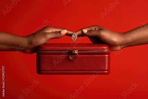Two hands carefully hold a red jewelry box between them, showcasing a sparkling pendant on a red backdrop
