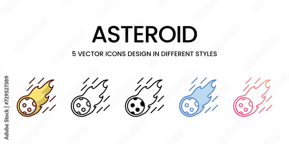 Asteroid Icon Design in Five style with Editable Stroke. Line, Solid, Flat Line, Duo Tone Color, and Color Gradient Line. Suitable for Web Page, Mobile App, UI, UX and GUI design.