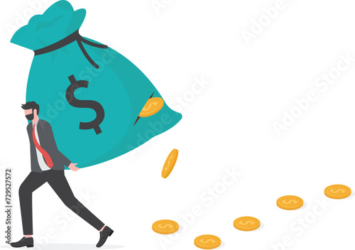 Debt burden, financial obligation or loan payment, heavy load of money failure, mortgage or borrowing money problem concept, tried businessman carrying big debt money bag losing money.

