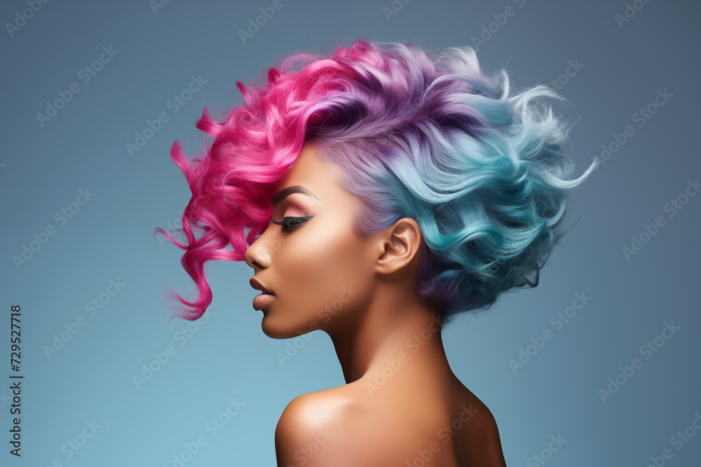 woman with short wild wavy colorful pink and blue hair	