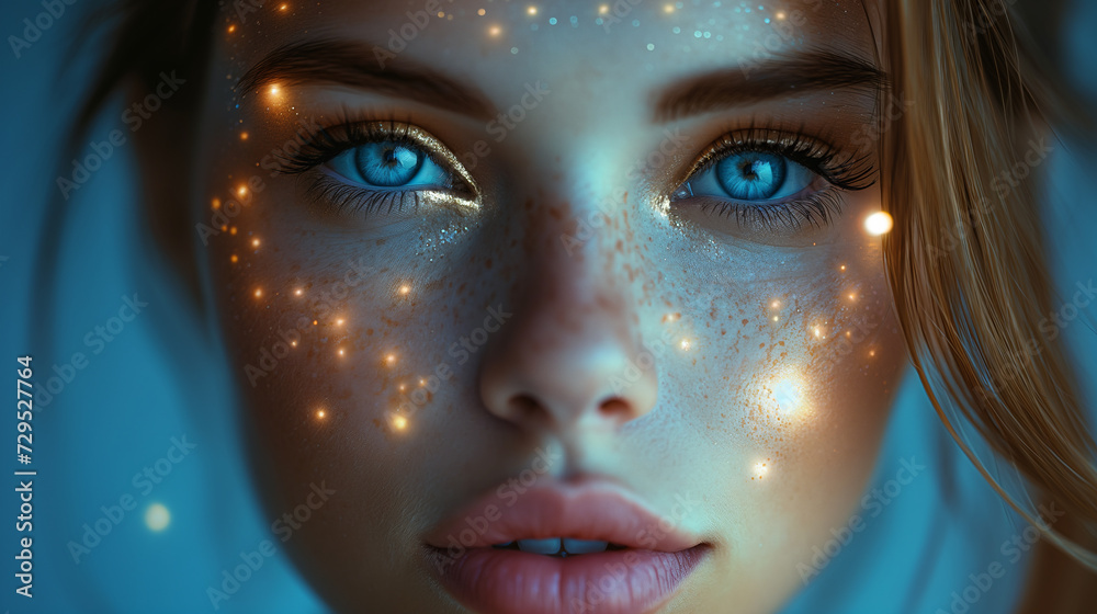 A young woman portrait in star dust, fun party concept.