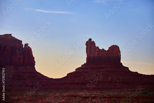 Twilight Red Rock Butte in Southwestern Desert, Ground View
