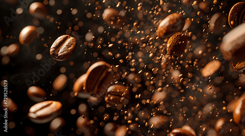 coffee beans in swirling motion on a black background