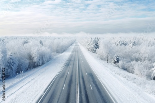 Empty snow covered road in winter landscape © Anton