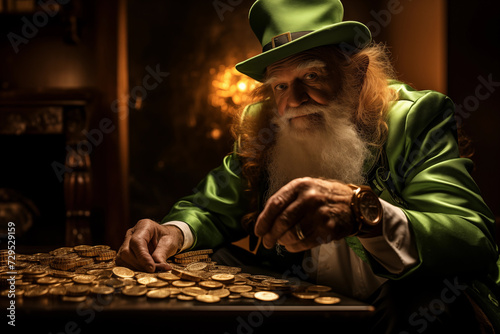 St. Patrick’s Day. Green background. Leprechaun with gold