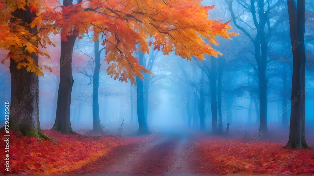 Beautiful mystical forest in blue fog in autumn. Colorful landscape with enchanted trees with orange and red leaves. Scenery with path in dreamy foggy forest. Fall colors in october. Nature background