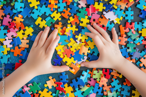 Hands Holding Colorful Puzzle Pieces for Autism Day Background