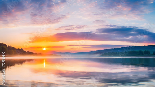 Panorama of beautiful sunrise over lake © Hanna Ohnivenko