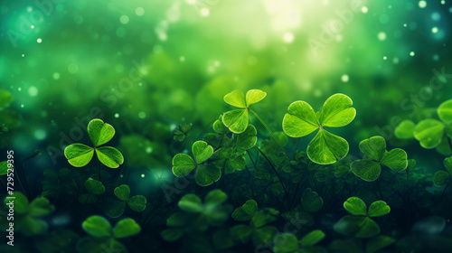 Green clover leaves background with three-leaved shamrocks  Lucky Irish Four Leaf Clover in Field for St. Patrick s Day holiday symbol and bokeh. St. Patrick s day holiday symbol  earth day.