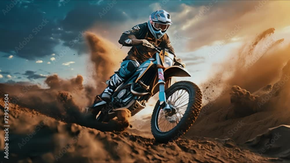 Slow motion of  biker riding dirt bike. Splashing sand. 4k video footage