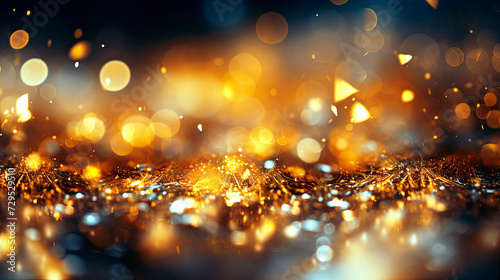 golden particles shining stars dust bokeh glitter awards dust abstract background. Futuristic glittering in space on gold background.