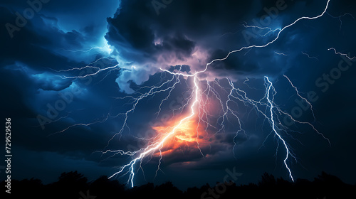 Roaring thunderstorm, shocking lightning shines in the dark sky