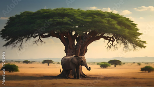 Lonely elephant and baobab tree