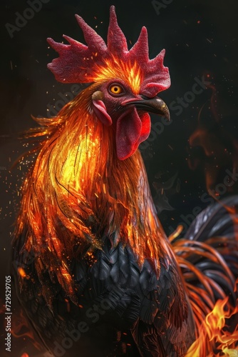 Enchanting Fusion of Rooster and Fire - A Mythical Creature Portrait with Brilliant Flame-Colored Feathers. Experience the Intensity of Burning Embers in a 3D Rendered Artwork