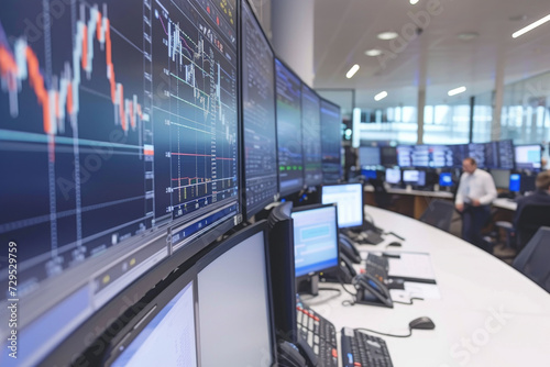 Trading Floor with Financial Market Data on multiple screens displaying real-time financial market data. photo