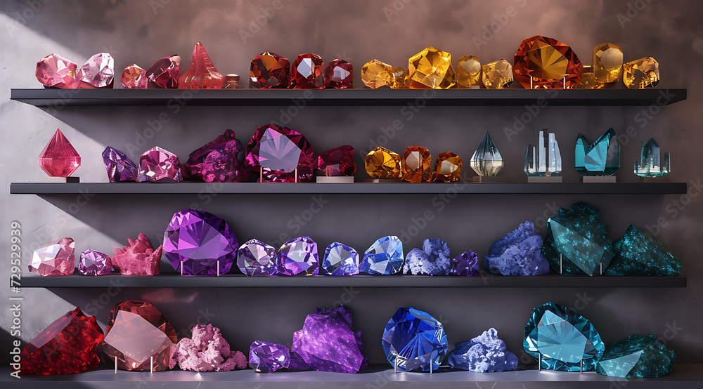 colored gemstone stacked on shelves on wall in