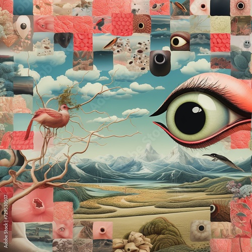 Digital collage in surrealism style with eyes of a man. Trendy paper collage composition.
