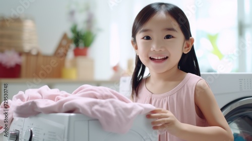 daughter Asian looks at the camera sitting in front of a washing machine in a laundry room at home. photo