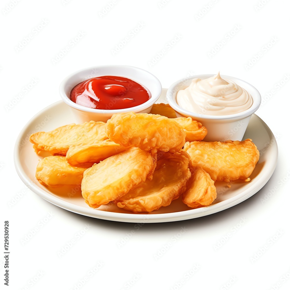 a fried potatoes with ketchup and mayonnaise, studio light , isolated on white background a fried potatoes with ketchup and mayonnaise, studio light , isolated on white background