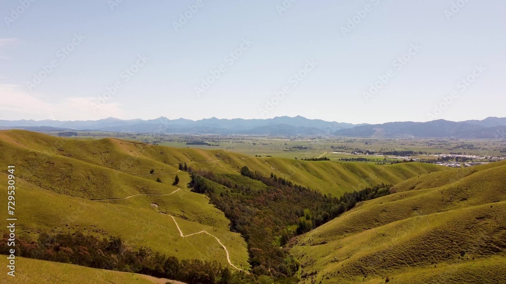 Aerial View of Mountain Grassland in Blenheim, New Zealand - Drone Shot Landscape