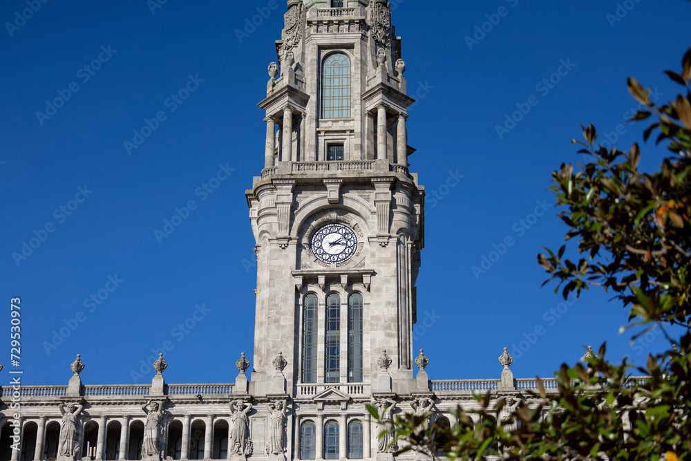 The clock tower in Porto City Hall (Camara Municipal do Porto). City center of Porto in Portugal