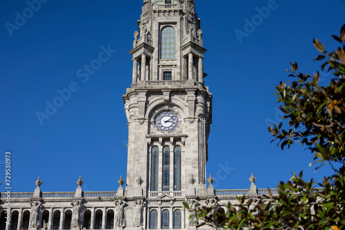 The clock tower in Porto City Hall (Camara Municipal do Porto). City center of Porto in Portugal