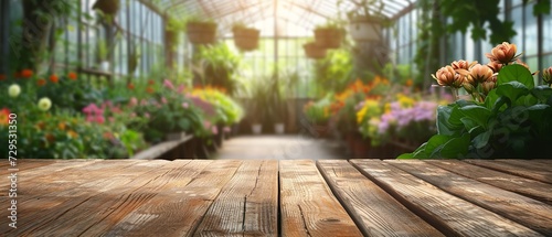 Backdrop of a woolly greenhouse with an unoccupied wooden table with  a big copy space, Generative AI. photo