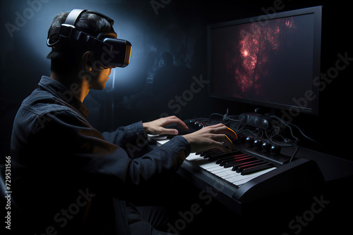 generated illustration of virtual reality online class piano lesson from home, VR musical online learning conceptual photo