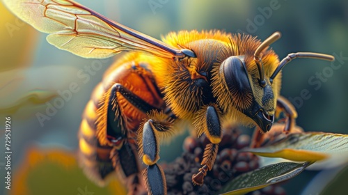 Close-up of a detailed and textured bee with striking orange and black patterns on its body.