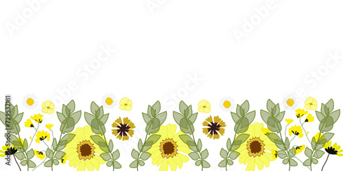 Banner con decorazione di fiori gialli misti e rami con foglie verdi photo