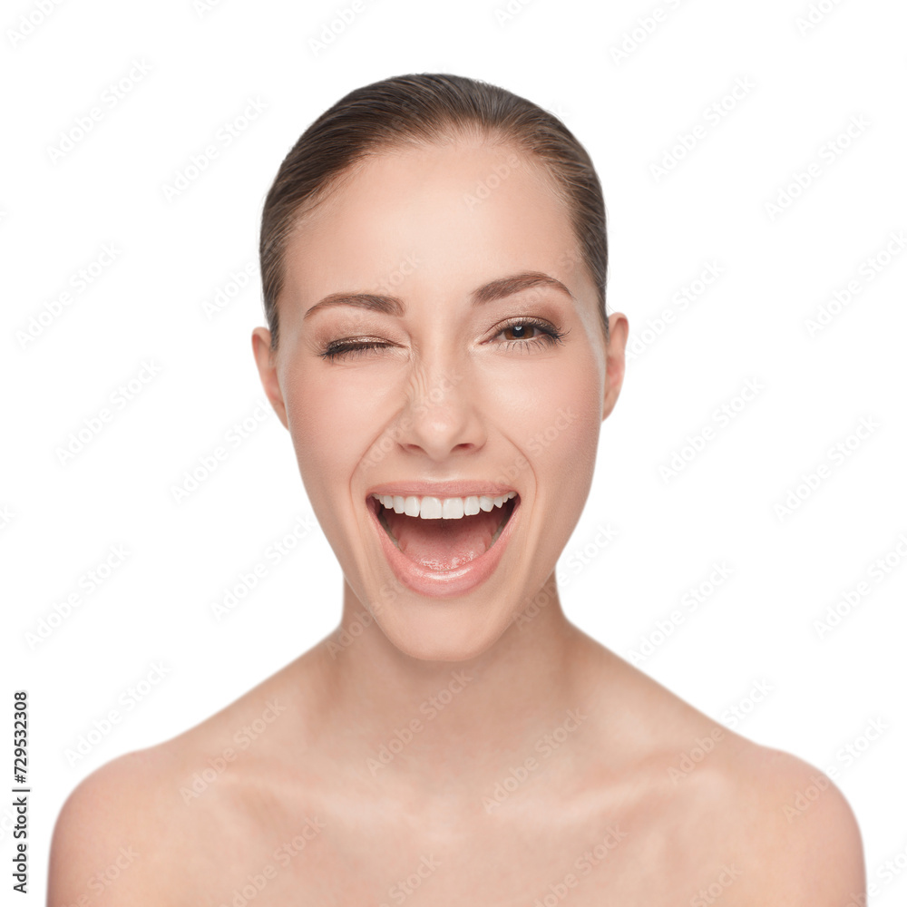 Portrait, happy and woman wink for skincare, flirt or beauty makeup isolated on white studio background. Face, blink and smile of model in cosmetics excited for spa facial treatment for healthy skin Portrait, happy and woman wink for skincare, flirt or beauty makeup isolated on white studio background. Face, blink and smile of model in cosmetics excited for spa facial treatment for healthy skin