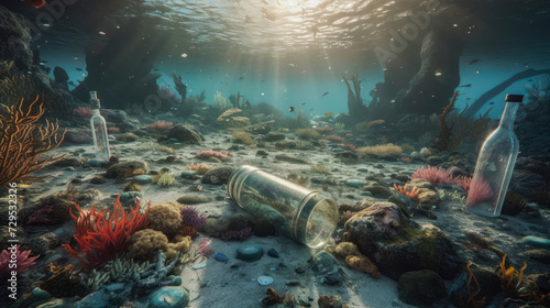 High plastic pollution in the Sea. Seabed covered with plastic waste, bottles, bags and debris. Created with AI.