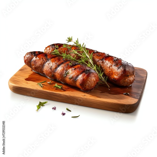 a grilled sausages with the addition of herbs on rustic wooden, studio light , isolated on white background