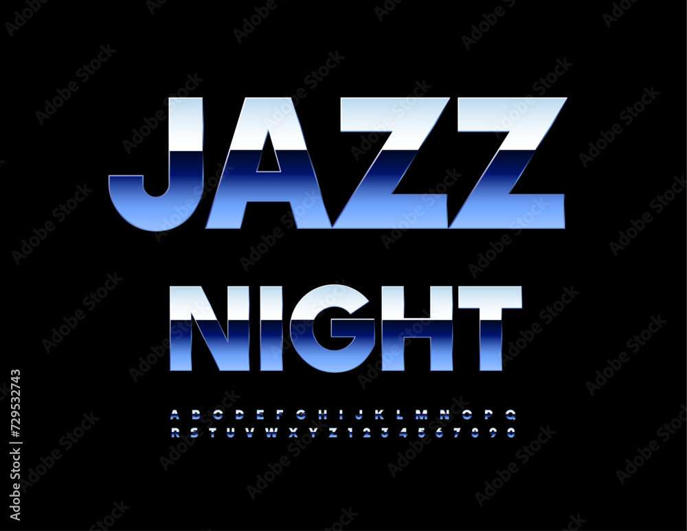 Obraz premium Vector trendy poster Jazz Night. Reflective Metallic Font. Stylish Alphabet Letters and Numbers.