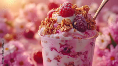 A delightful yogurt parfait layered with granola and fresh berries basked in the soft glow of morning light.