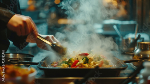 Close-up on a street food vendor garnishing exotic dishes, steam rising in the evening air.