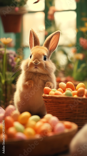 Cute bunny stands among baskets full of colorful Easter eggs. Easter greeting card, phone wallpaper