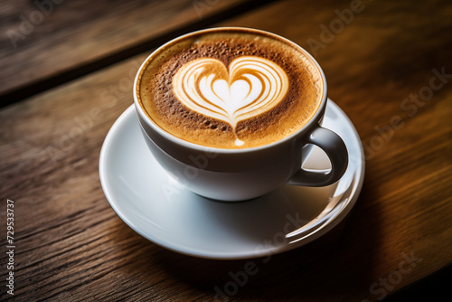 A warm, inviting cup of coffee with heart-shaped latte art on a wooden table. Concept for a cozy cafe ambiance or a coffee lovers delight.
